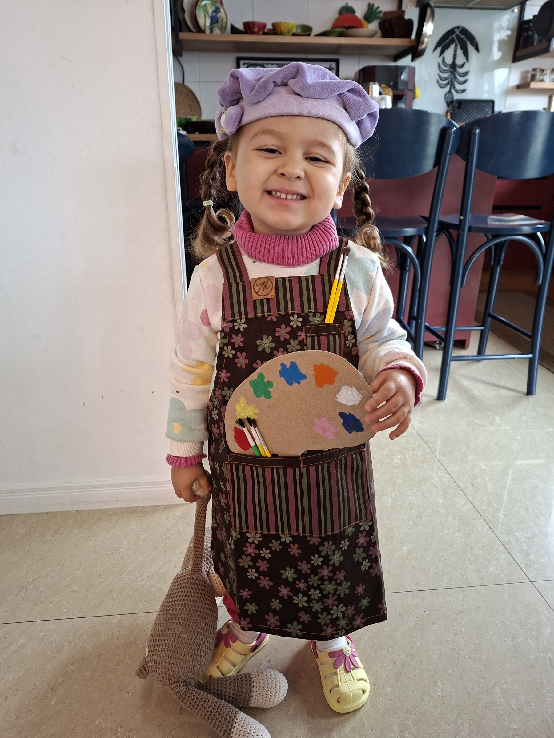 Avental Infantil Marrom/Rosa Flores e Listras M - Imagem 3